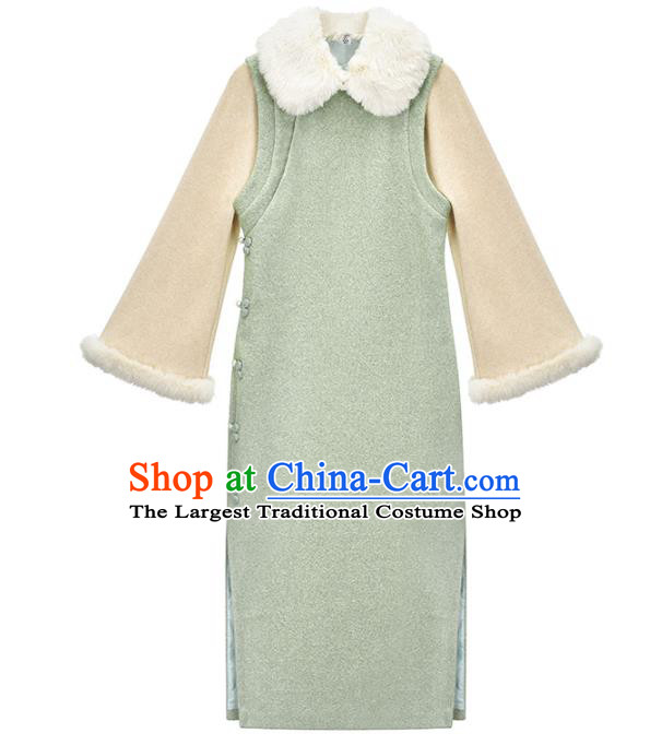 China Traditional Green Woolen Cheongsam National Winter Lapel Long Qipao Dress Clothing
