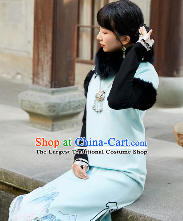 China Traditional Young Lady Light Blue Cheongsam National Winter Long Qipao Dress Clothing
