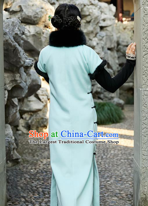 China Traditional Young Lady Light Blue Cheongsam National Winter Long Qipao Dress Clothing