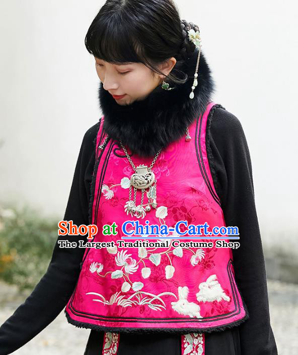 Chinese Traditional Embroidered Lambswool Vest Costume National Women Tang Suit Rosy Silk Waistcoat