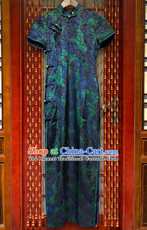 Chinese Traditional Blue Qipao Dress National Modern Compere Cheongsam Stage Show Clothing