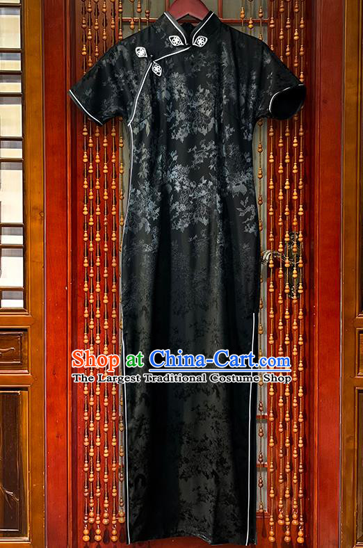 Chinese Traditional Jacquard Silk Qipao National Black Brocade Cheongsam Dress Classical Show Clothing