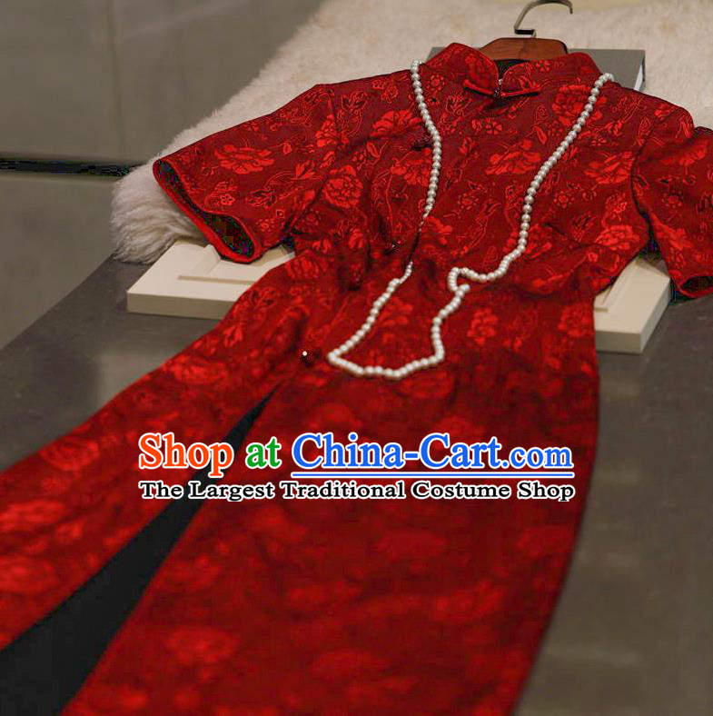 Chinese Traditional Wedding Qipao Dress Clothing Bride Red Velvet Cheongsam