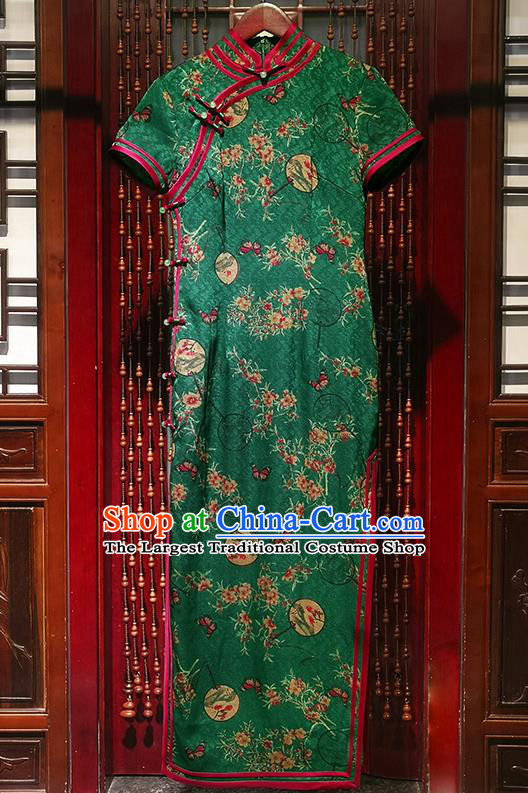 Chinese Modern Catwalks Clothing Traditional Printing Peach Blossom Fan Silk Cheongsam Classical Stand Collar Qipao Dress