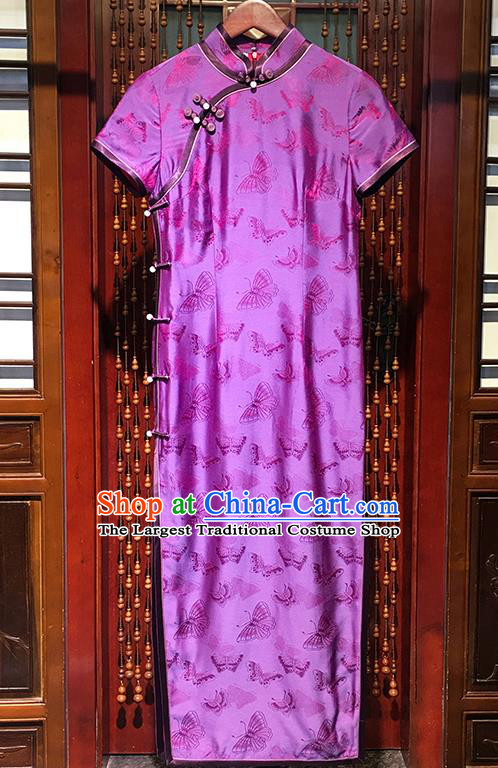 Republic of China Silk Cheongsam Traditional Butterfly Pattern Purple Qipao Dress Clothing