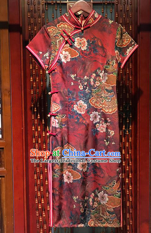 China Modern Dance Short Qipao Dress Traditional Printing Flowers Red Silk Cheongsam Clothing