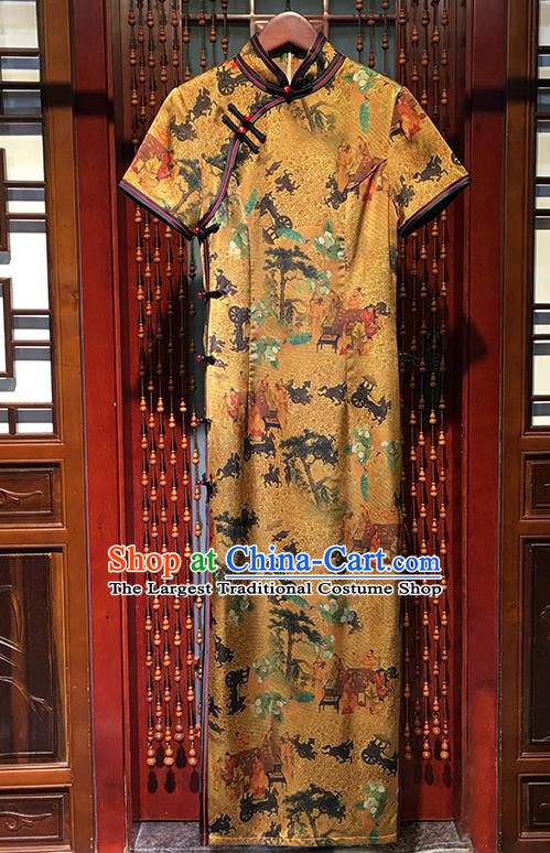 China Classical Yellow Silk Qipao Dress Traditional Fan Dance Long Cheongsam Stage Performance Clothing