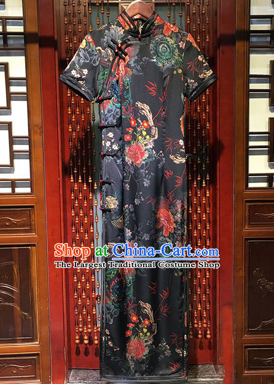 China Stage Performance Clothing Classical Black Silk Qipao Dress Traditional Printing Peony Long Cheongsam