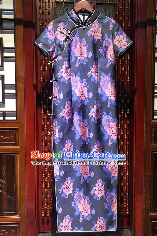 China Traditional Slant Opening Cheongsam Modern Printing Peony Purple Qipao Dress Stage Performance Clothing