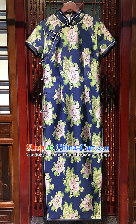 China Modern Printing Peony Blue Qipao Dress Stage Performance Clothing Traditional Slant Opening Cheongsam