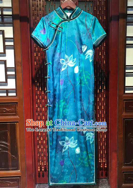 China Stand Collar Qipao Dress Classical Dance Clothing Traditional Printing Lotus Blue Satin Cheongsam