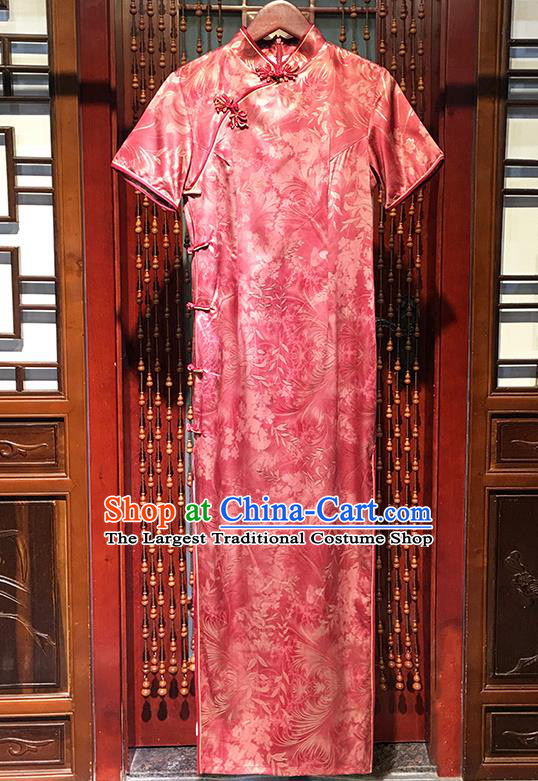 China Classical Palace Fan Dance Clothing Traditional Young Mistress Pink Silk Cheongsam National Qipao Dress