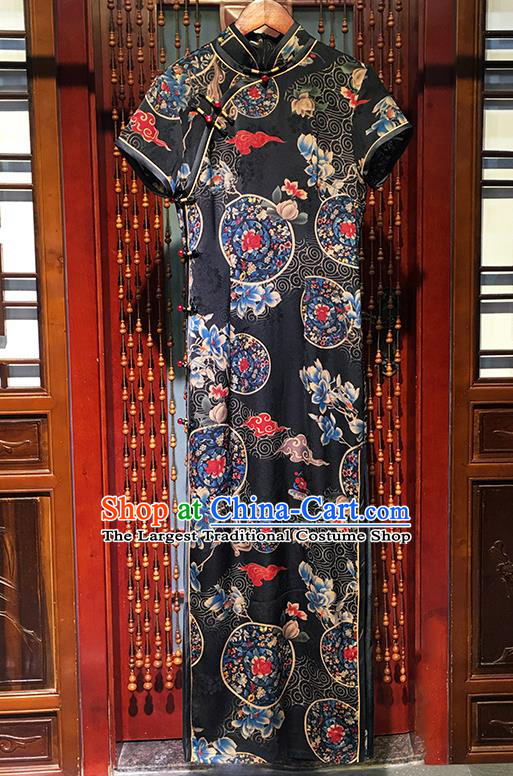 China Classical Stage Show Clothing National Black Silk Qipao Dress Traditional Printing Mangnolia Cheongsam