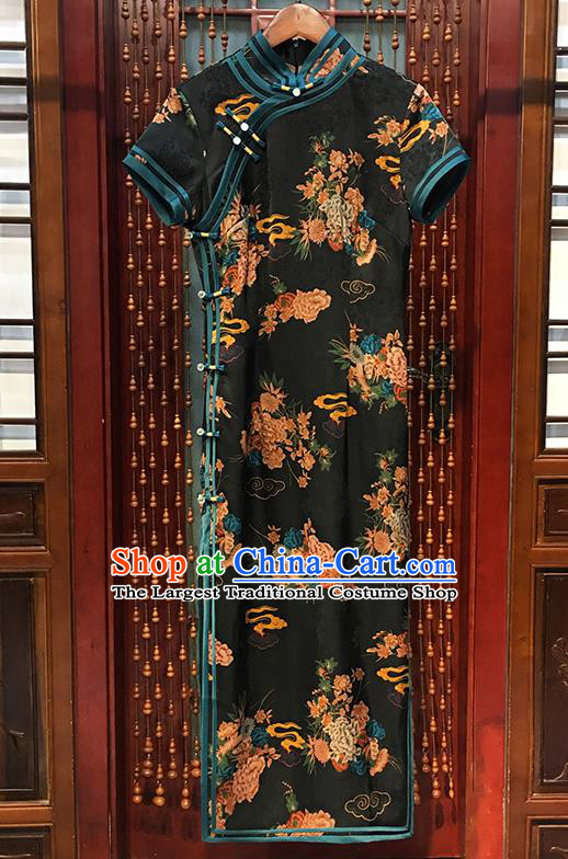 China Traditional Printing Peony Cheongsam National Black Silk Qipao Dress Classical Palace Fan Show Clothing