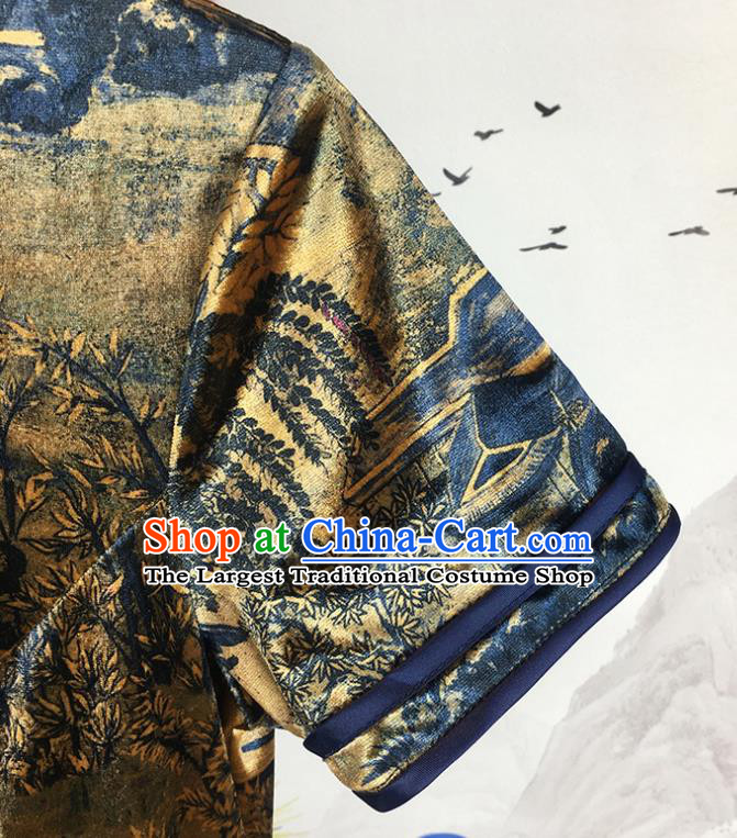 China Traditional Retro Cheongsam National Printing Navy Silk Qipao Dress Shanghai Young Lady Clothing