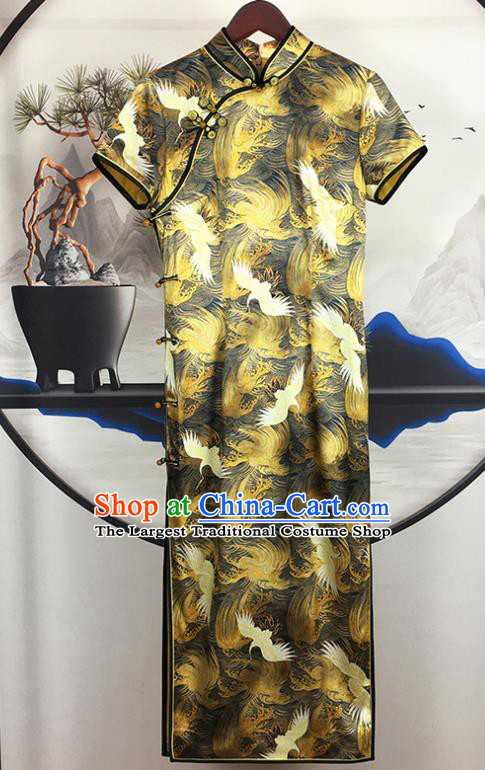 China National Printing Cranes Silk Qipao Dress Classical Young Beauty Clothing Traditional Short Cheongsam