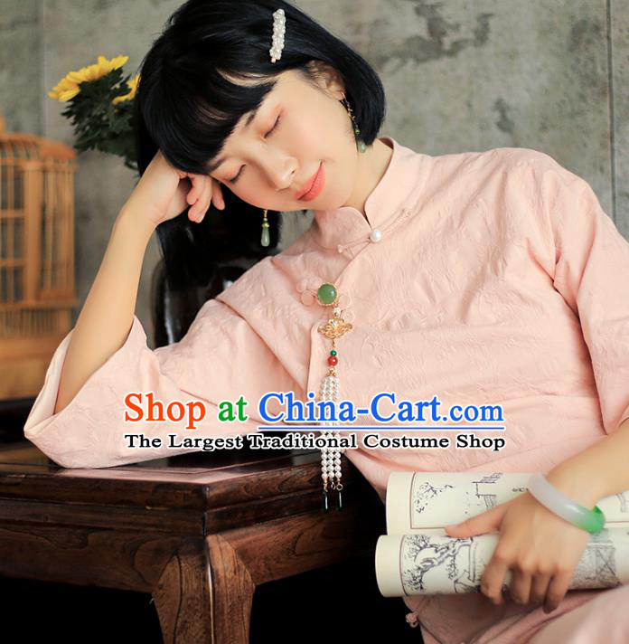 China National Young Lady Pink Qipao Dress Clothing Traditional Female Student Long Cheongsam