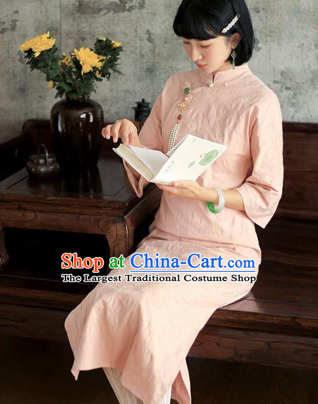 China National Young Lady Pink Qipao Dress Clothing Traditional Female Student Long Cheongsam