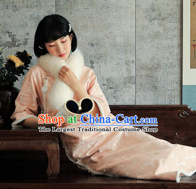 China National Young Beauty Qipao Dress Clothing Traditional Winter Pink Long Cheongsam