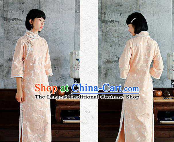China National Young Beauty Qipao Dress Clothing Traditional Winter Pink Long Cheongsam