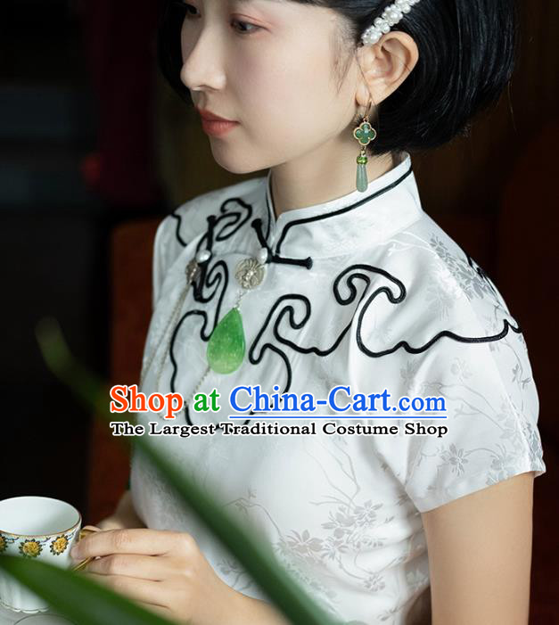 China National White Silk Qipao Dress Clothing Traditional Young Lady Slant Opening Cheongsam