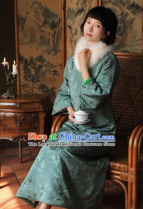 China National Light Green Silk Qipao Dress Clothing Traditional Young Lady Winter Cotton Wadded Cheongsam