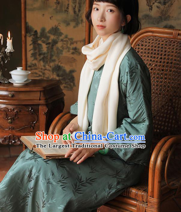 China National Light Green Silk Qipao Dress Clothing Traditional Young Lady Winter Cotton Wadded Cheongsam