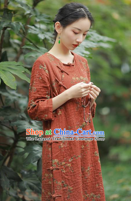 China National Printing Red Flax Qipao Dress Clothing Traditional Young Lady Slant Opening Cheongsam