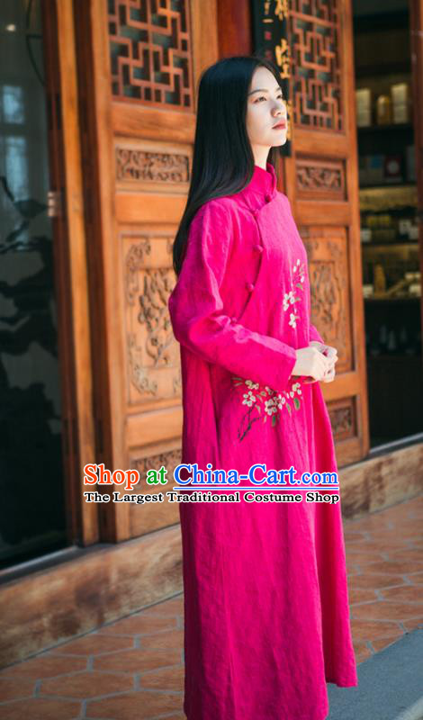 China National Young Lady Jacquard Qipao Dress Clothing Traditional Stand Collar Rosy Cheongsam