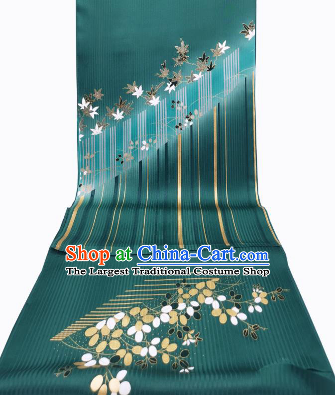 Asian Japanese Kimono Tapestry Drapery Green Brocade Japan Traditional Maple Leaf Pattern Silk Fabric