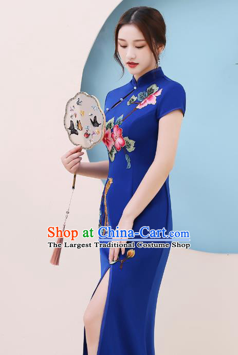 China Party Compere Clothing Modern Dance Qipao Dress Stage Show Embroidery Royalblue Cheongsam