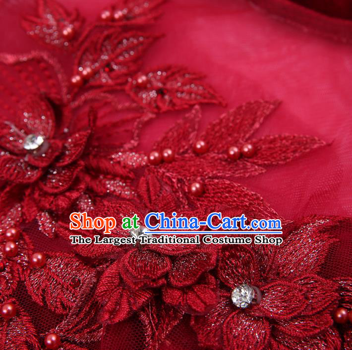 China Catwalks Wine Red Velvet Qipao Dress Modern Dance Clothing Stage Show Embroidery Cheongsam