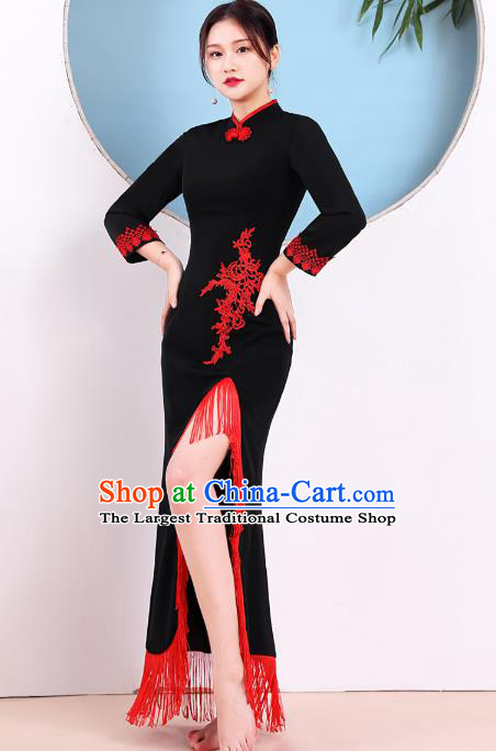 China Modern Dance Clothing Stage Show Embroidery Velvet Cheongsam Catwalks Red Tassel Qipao Dress