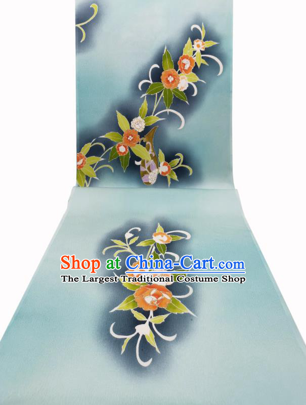 Japan Traditional Kimono Blue Brocade Material Asian Japanese Yukata Hand Painting Camellia Silk Fabric