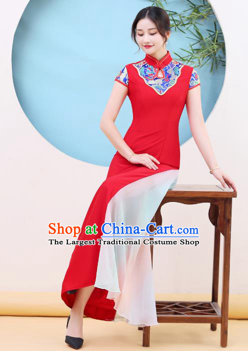 China Classical Dance Clothing Stage Performance Red Cheongsam Catwalks Stand Collar Qipao Dress