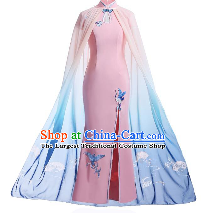 China Woman Blue Cape Clothing Stage Performance Cheongsam Catwalks Fishtail Pink Qipao Dress