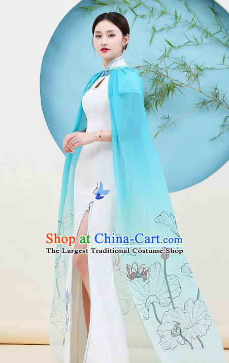 China Stage Performance Cheongsam Catwalks Fishtail White Qipao Dress Woman Blue Cape Suits Clothing