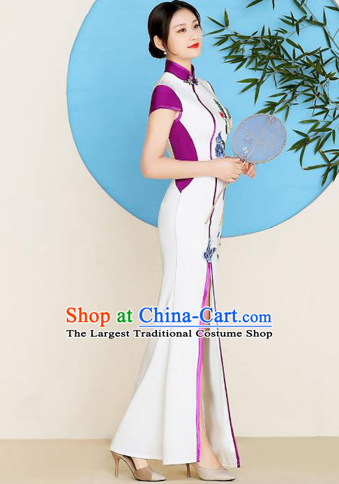 China Young Woman Clothing Stage Performance Embroidery Peony Cheongsam Catwalks Fishtail Qipao Dress