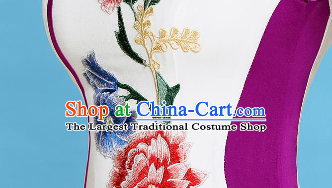 China Young Woman Clothing Stage Performance Embroidery Peony Cheongsam Catwalks Fishtail Qipao Dress