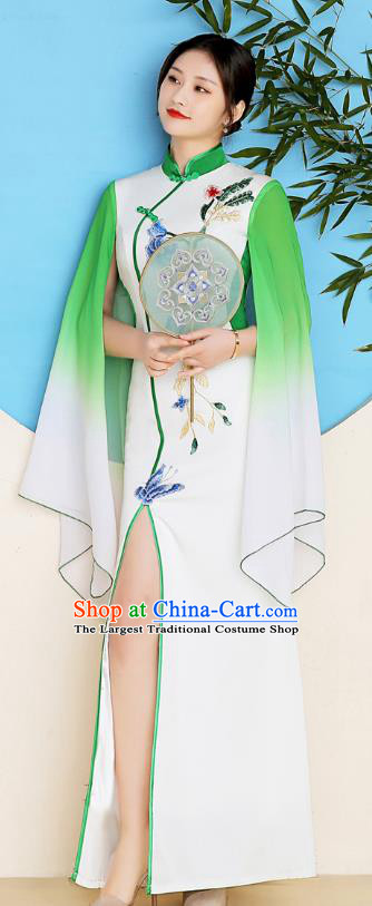China Catwalks Fishtail Qipao Dress Young Woman Clothing Stage Performance Embroidery Peony Cheongsam