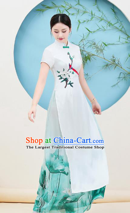 China Catwalks Printing Chiffon Qipao Dress Young Woman Clothing Stage Performance Embroidery Flower Bird Cheongsam