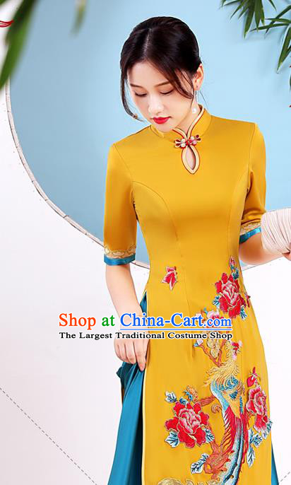 China Modern Dance Clothing Stage Performance Embroidery Phoenix Peony Yellow Cheongsam Catwalks Ao Dai Qipao Dress