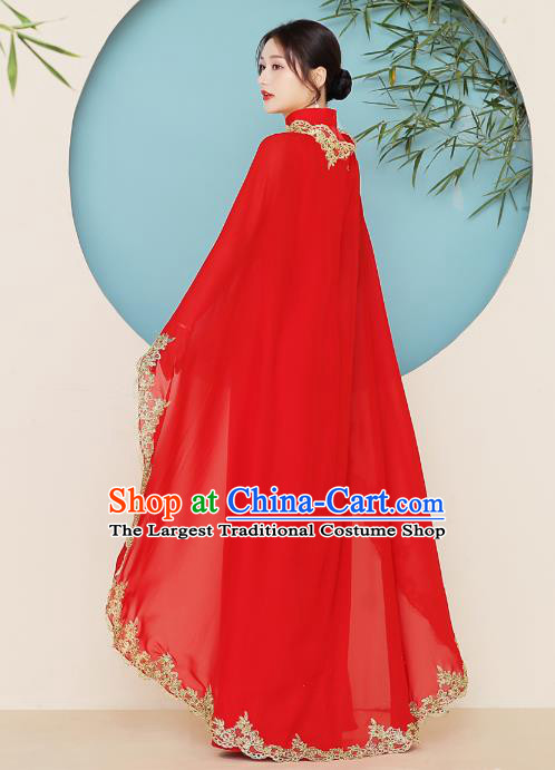China Stage Performance Red Tippet Cheongsam Catwalks Qipao Dress Modern Dance Stand Collar Clothing