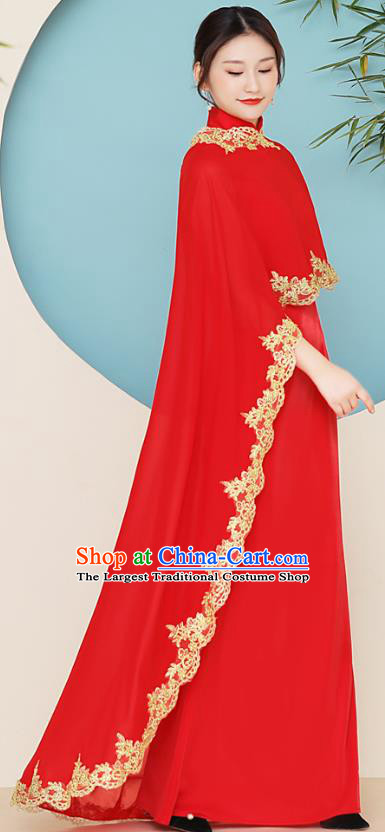 China Stage Performance Red Tippet Cheongsam Catwalks Qipao Dress Modern Dance Stand Collar Clothing