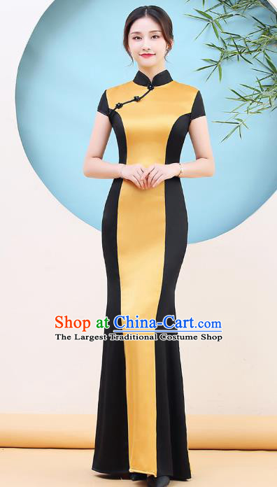 China Catwalks Golden Qipao Dress Stage Performance Fishtail Cheongsam Woman Chorus Clothing