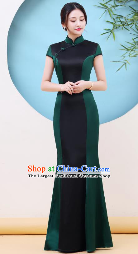 China Stage Performance Fishtail Cheongsam Woman Chorus Clothing Catwalks Deep Green Qipao Dress