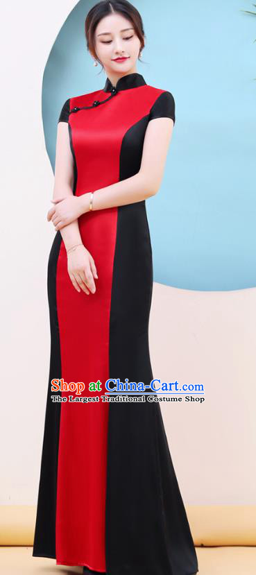 China Woman Chorus Clothing Catwalks Red Qipao Dress Stage Performance Fishtail Cheongsam