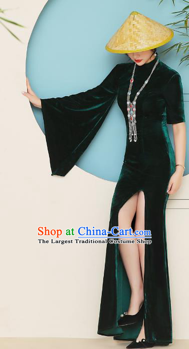 China Catwalks Green Velvet Qipao Dress Stage Performance Single Mandarin Sleeve Cheongsam Woman Clothing
