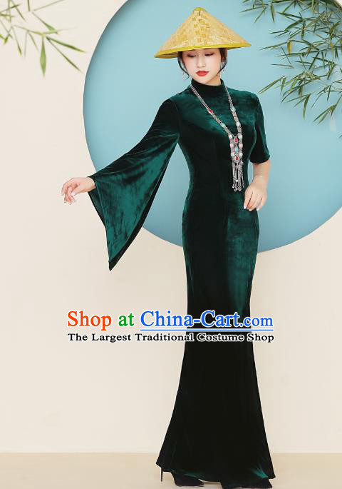 China Catwalks Green Velvet Qipao Dress Stage Performance Single Mandarin Sleeve Cheongsam Woman Clothing