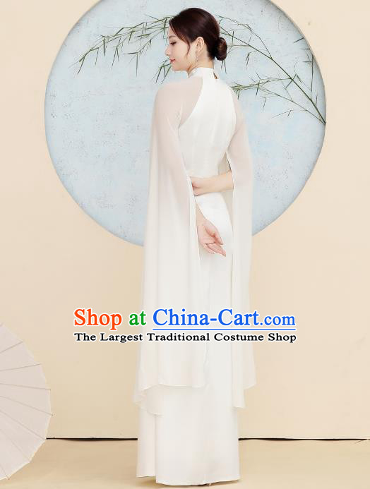 China Catwalks Embroidery Lotus Qipao Dress Stage Performance White Chiffon Cheongsam Woman Solo Chorus Clothing